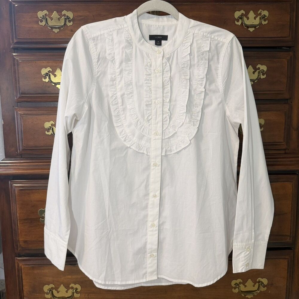 J Crew Women’s Blouse Preppy Button Down White Ruffled Bib M